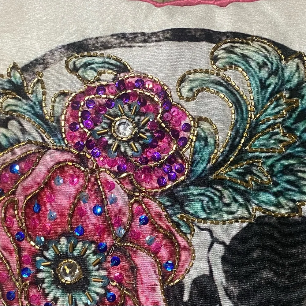 Embroidered and Bead Embellished Skull Decorative Pillow with Floral Design